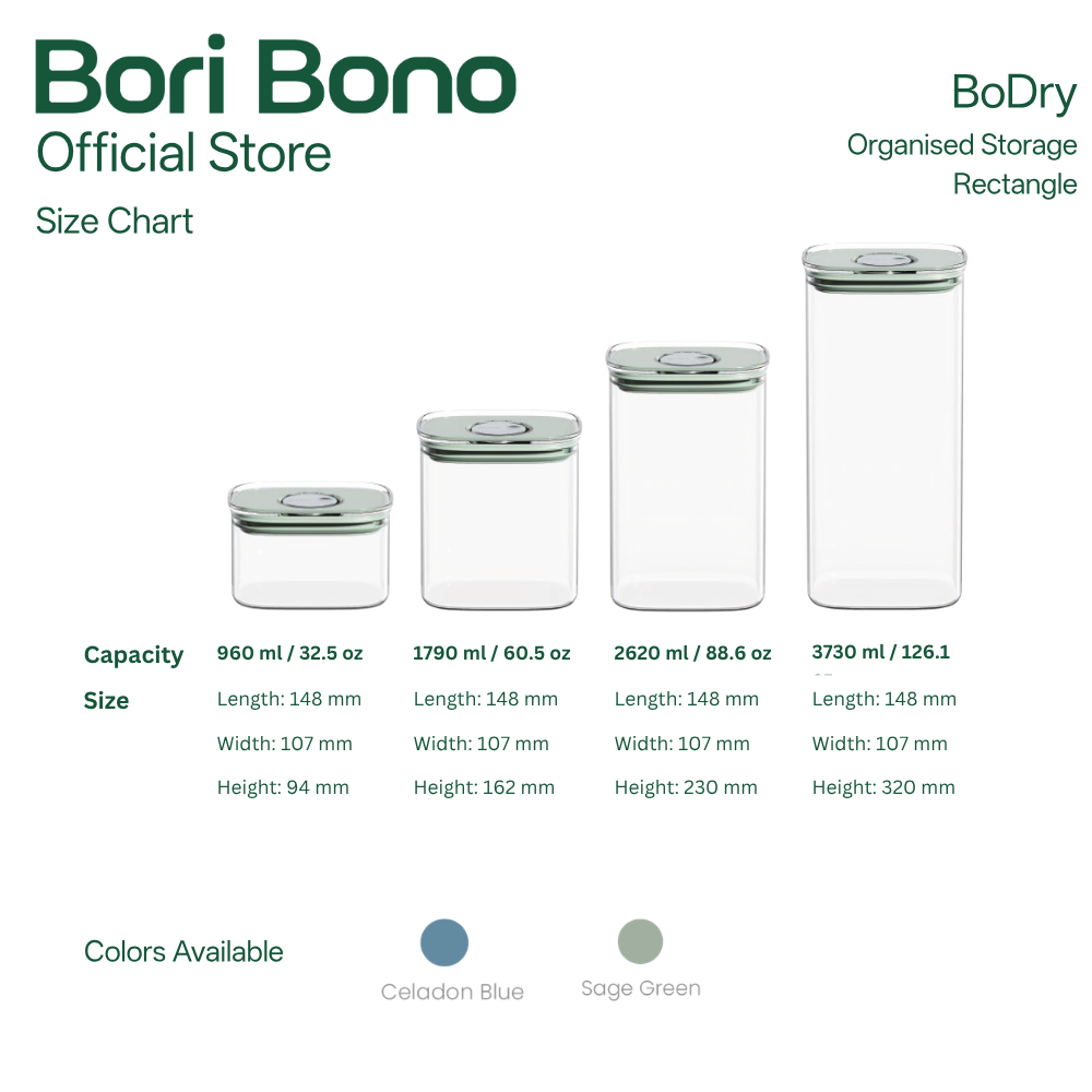 Bori Bono BoDry Rectangle Borosilicate Glass Food Container 3pc Set (Set B)