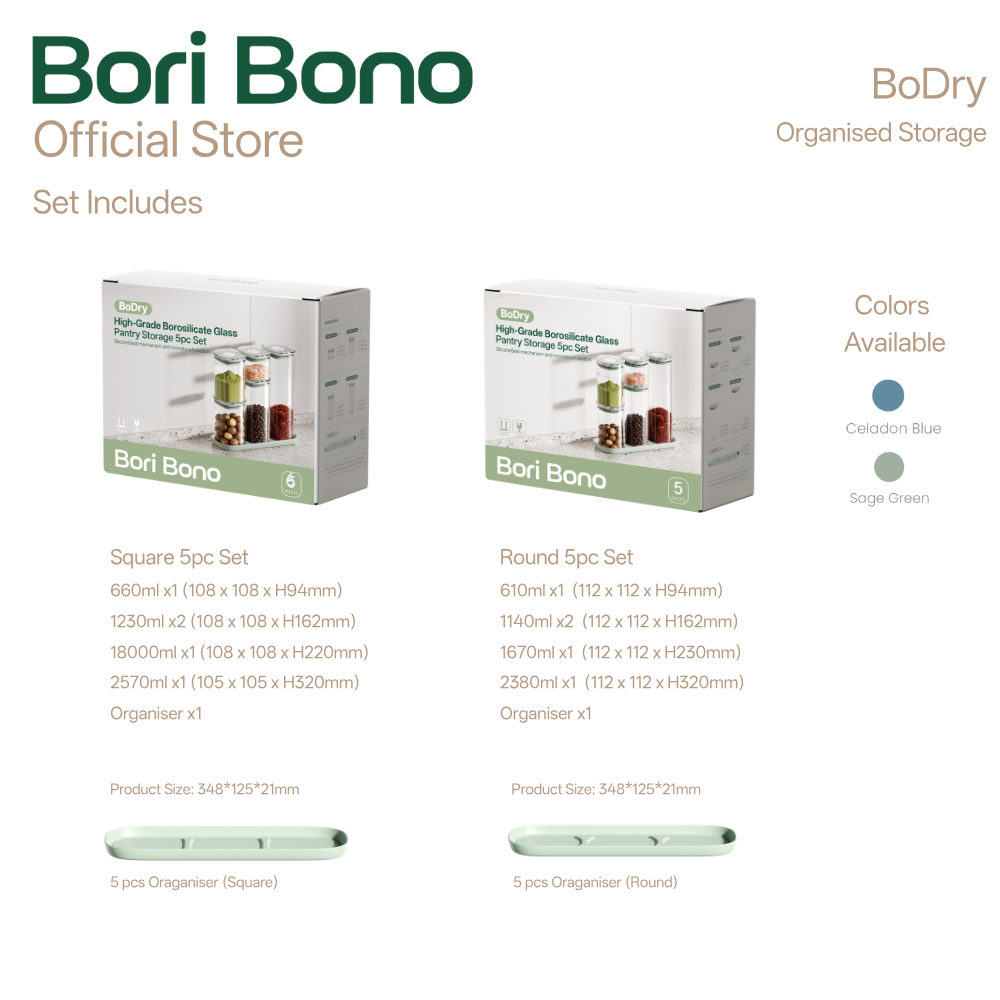 Bori Bono BoDry Square Borosilicate Glass Food Container 5pc Set