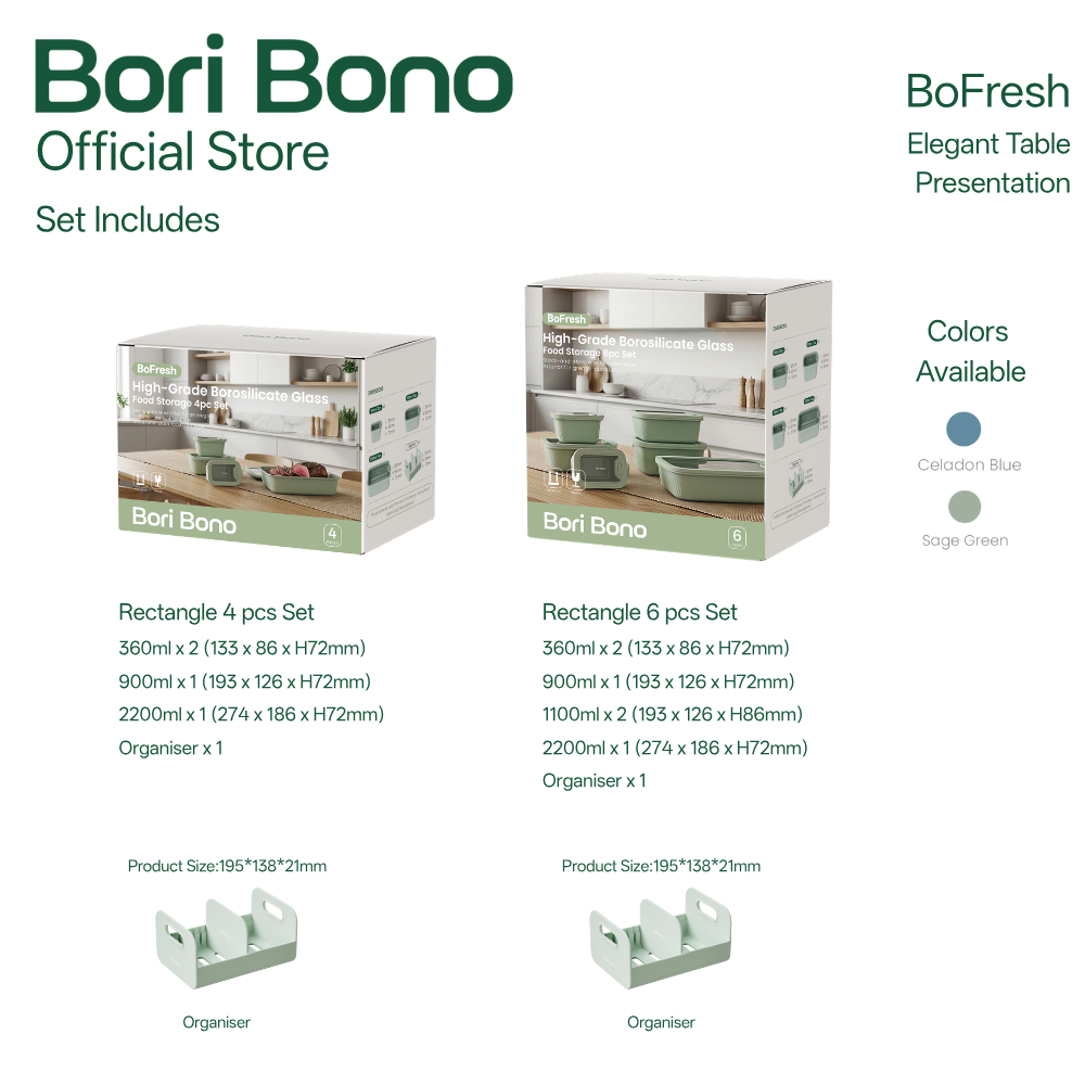Bori Bono BoDry Rectangle Borosilicate Glass Food Container 3pc Set (Set A)