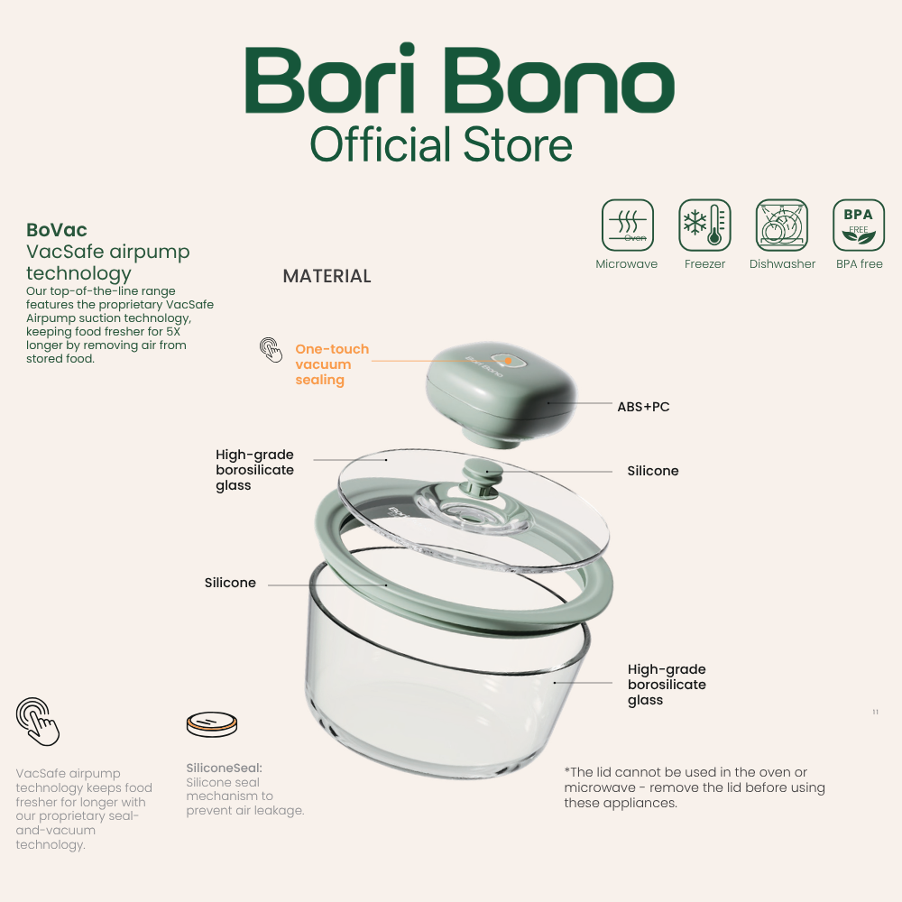 Bori Bono BoVac Rectangle Borosilicate Glass Food Container 3pc Set Airtight Vacuum Sealed