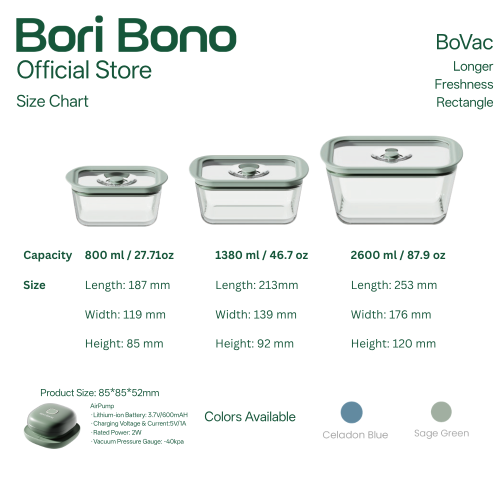 Bori Bono BoVac Rectangle Borosilicate Glass Food Container Airtight Vacuum Sealed