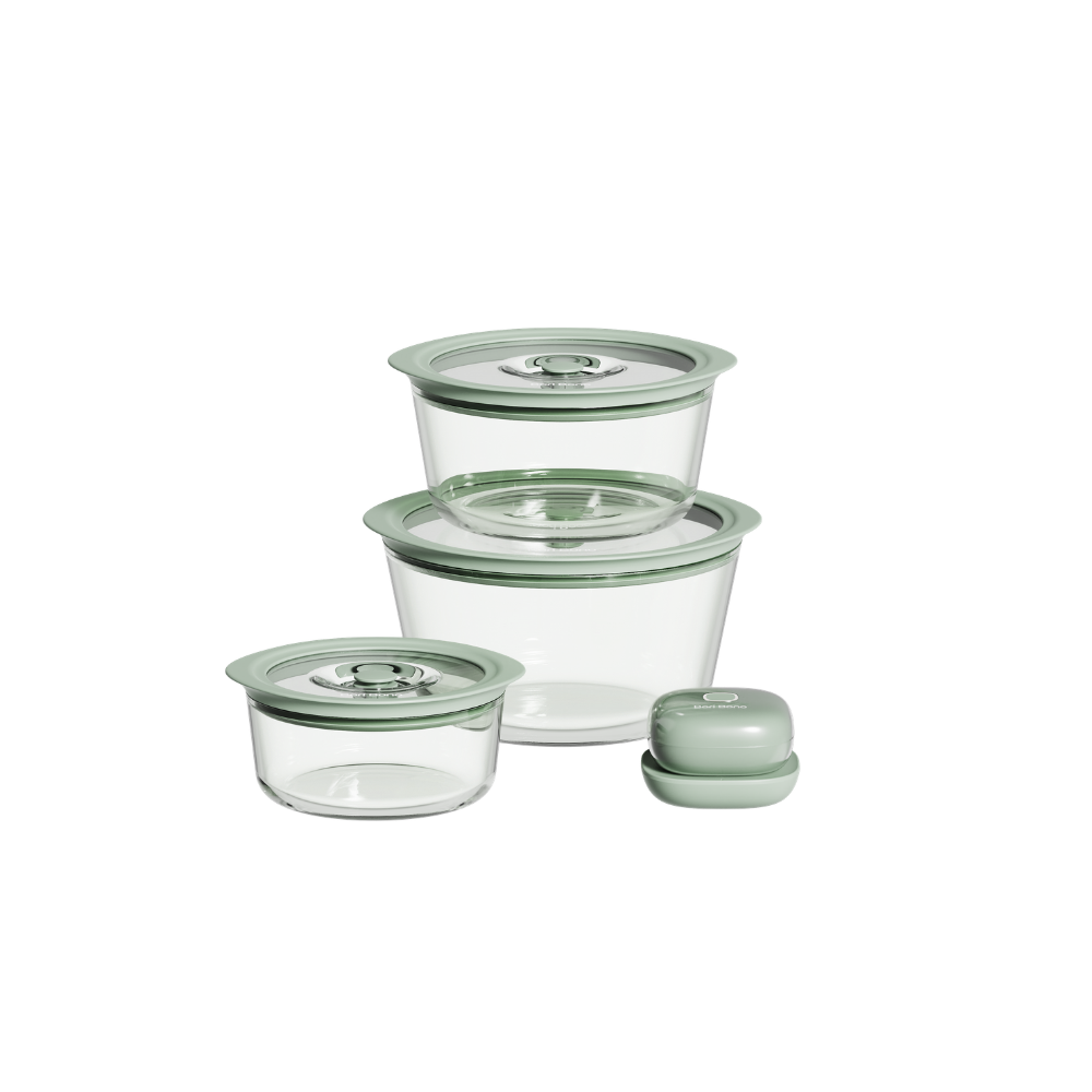 Bori Bono BoVac Round Borosilicate Glass Food Container 3pc Set Airtight Vacuum Sealed