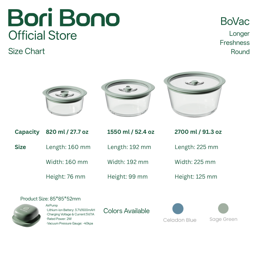 Bori Bono BoVac Round Borosilicate Glass Food Container 3pc Set Airtight Vacuum Sealed