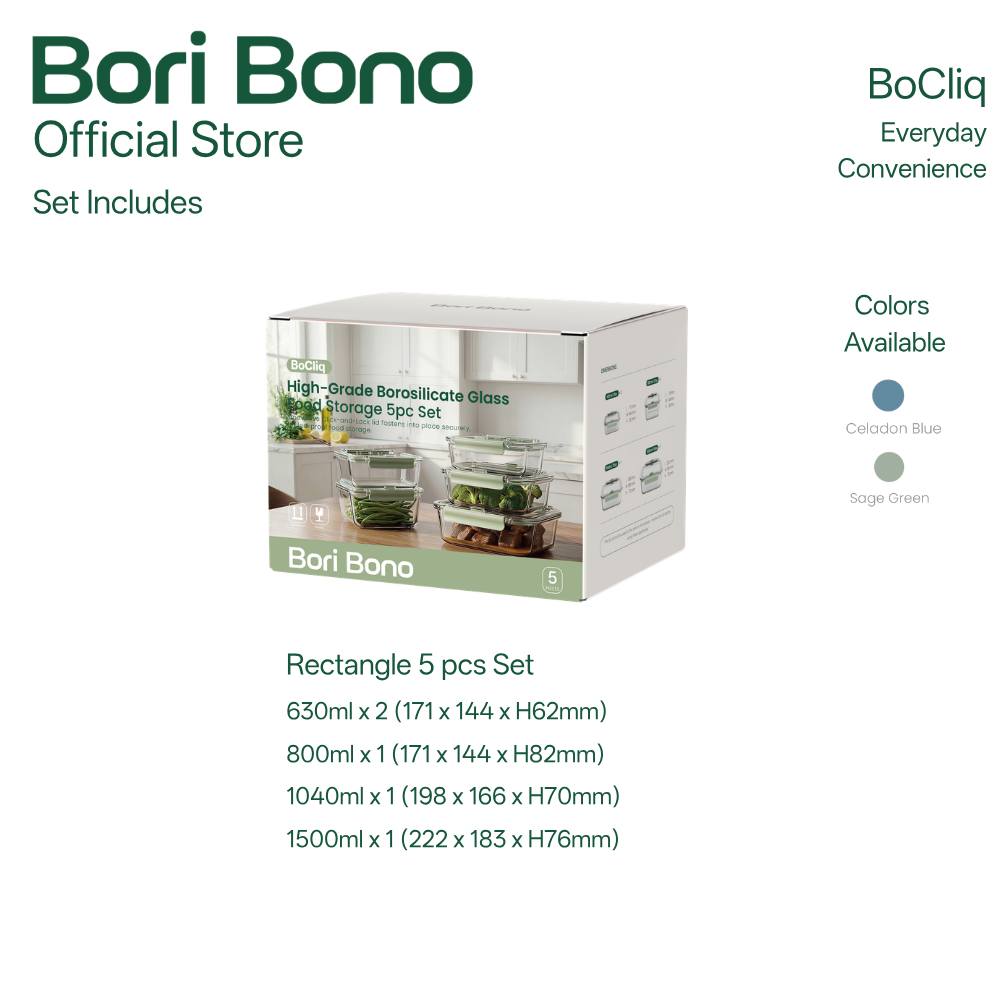 Bori Bono BoCliq Rectangle Borosilicate Glass Food Container 5pc Set