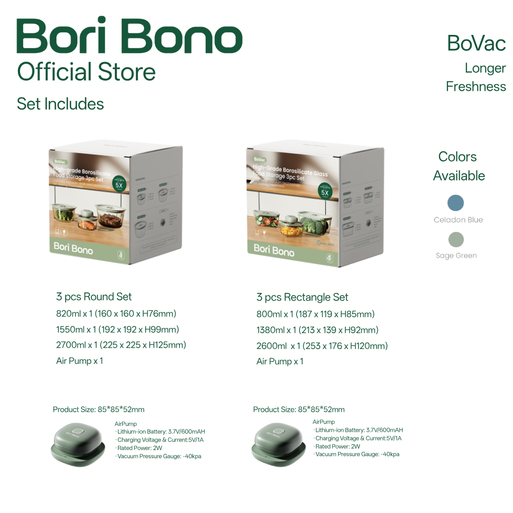 Bori Bono BoVac Round Borosilicate Glass Food Container 3pc Set Airtight Vacuum Sealed